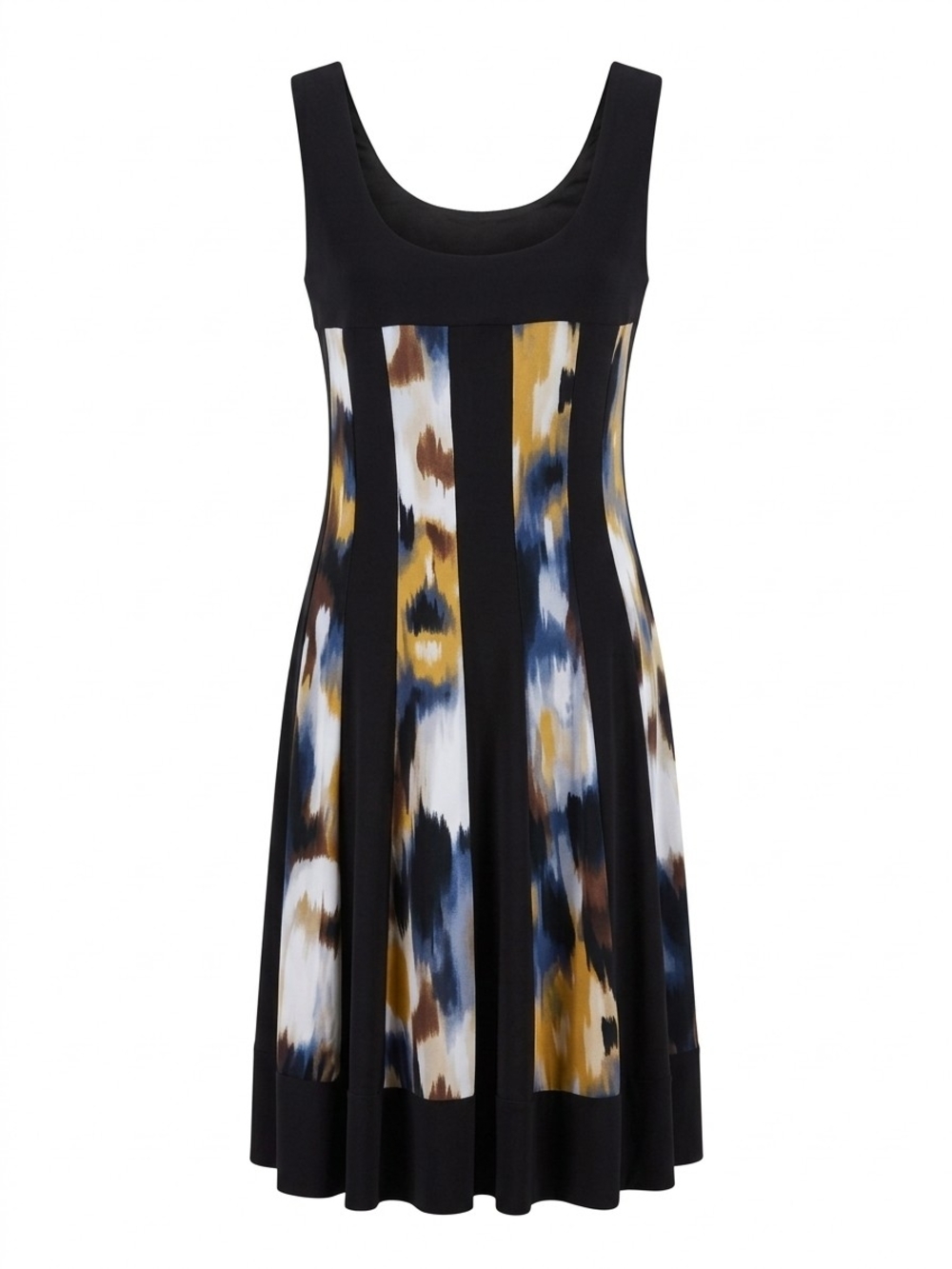 R&M Richards Black Sleeveless Midi Dress with Blue, Mustard & White Print